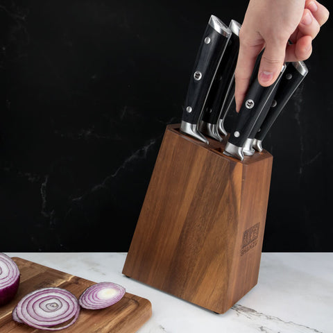 SHAN ZU Stainless Steel Kitchen Knives Set with Wooden Holder, Chef Knife,  German Knife, Block Sharpener Rod, 7Pcs - AliExpress