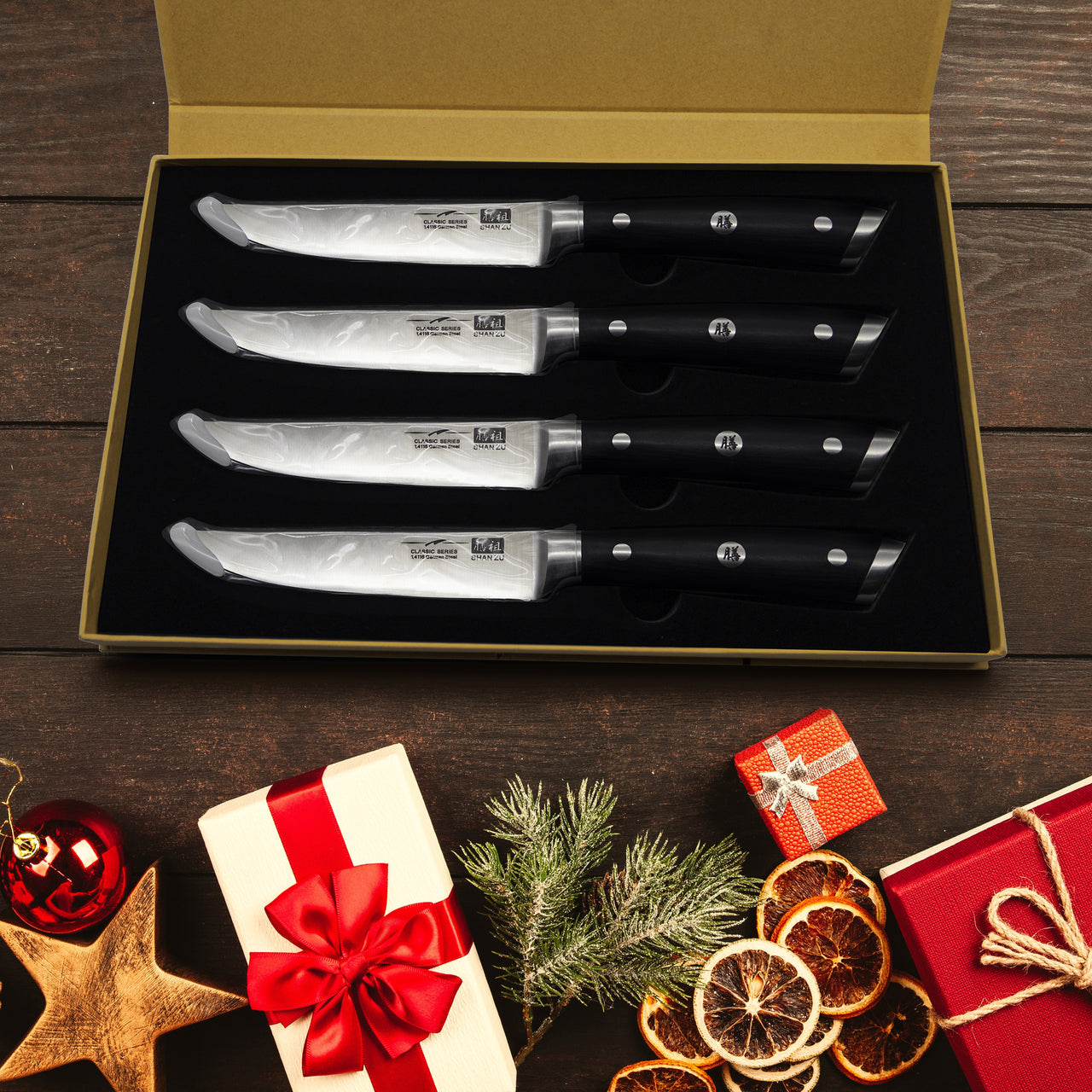 4PCS Steak Knife Set Serrated steak knives with decent wooden